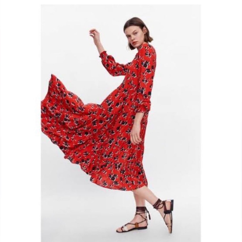ZARA Angel Midi Maxi Red Black Floral Smock Flared Tiered Dress - Picture 1 of 13